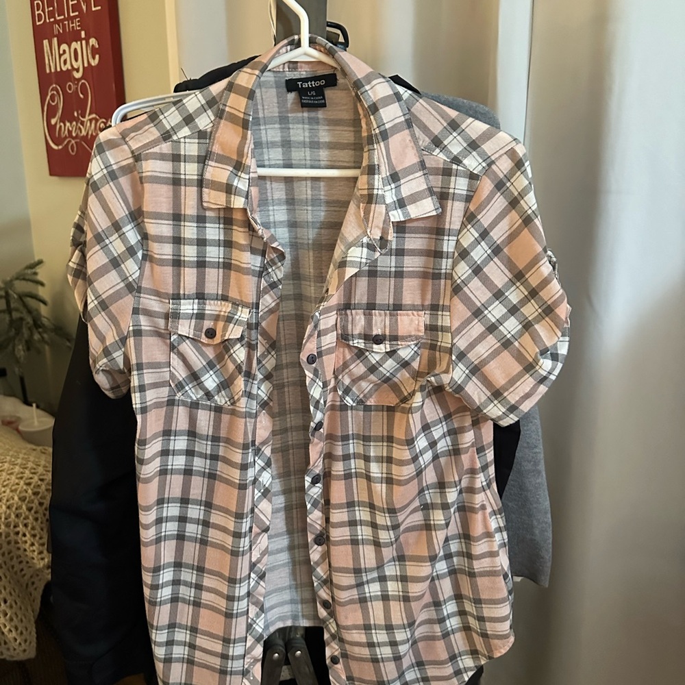 Women's Soft Pink Plaid Button Down Shirt
